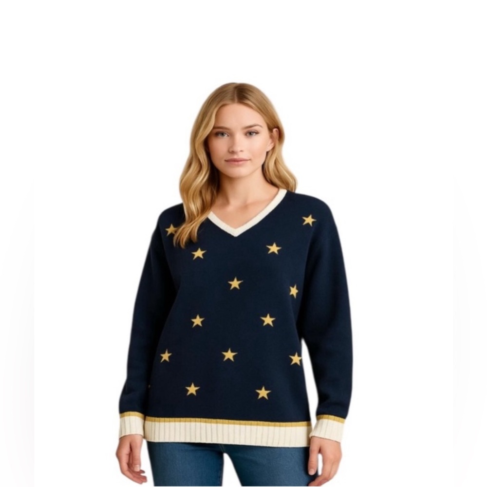 Elisabeth Vintage Navy & Gold Nautical Stars Stripes Cotton Oversized Sweater 3X